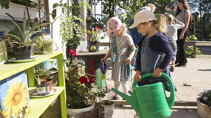 Barn vattnar ute på gården.